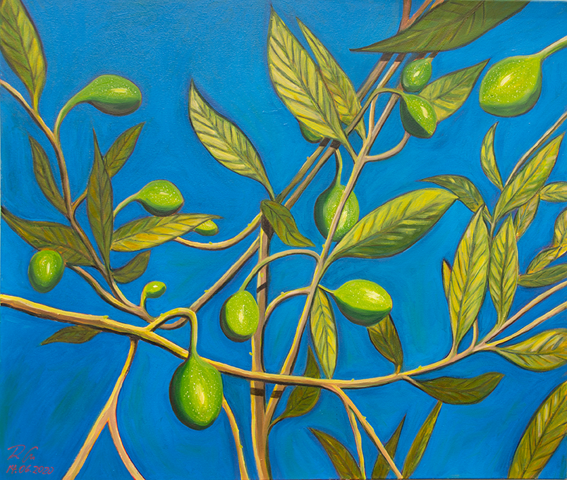 Oliven in Cortignac-Öl auf Leinwand 140x120x2